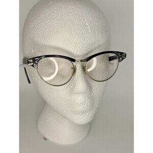 SRO Vintage Eyeglasses Cat Eye Black N Silver Etching Aluminum Frame 12k GF